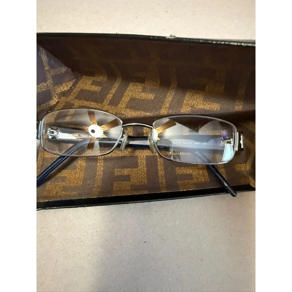Fendi F941R Blue Rectangular Eyeglasses Silver‎ Zucca Logo Crystal Italy 50mm